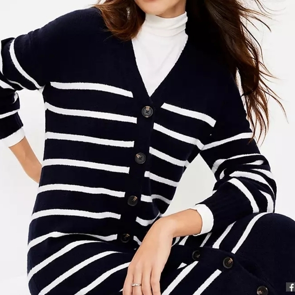 Loft supersoft cardigan sweater dress sz medium navy blue cream stripe new - Picture 3 of 8